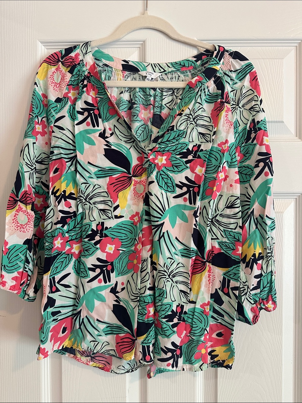 crown & ivy Tropical Floral V-Neck Blouse - Pink Green Navy Yellow
